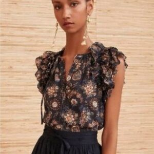 Ulla Johnson Black Floral Ruffle-Sleeve Blouse